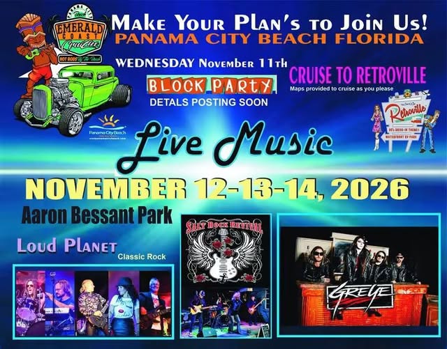 Flyer for Emerald Coast Car Show - Aaron Bessant Park