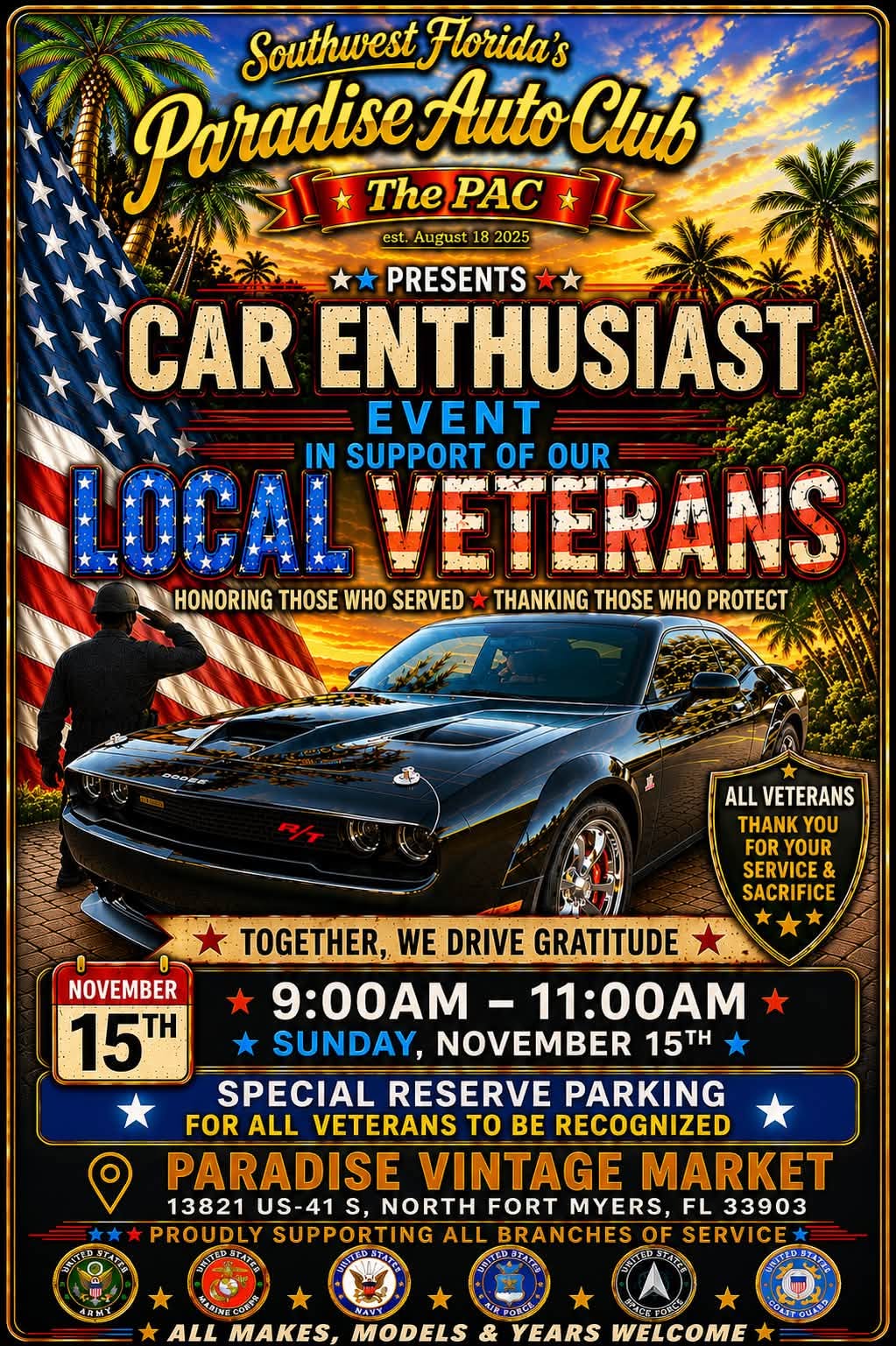 Flyer for Car Enthusiast Event in Support of Our Local Veterans