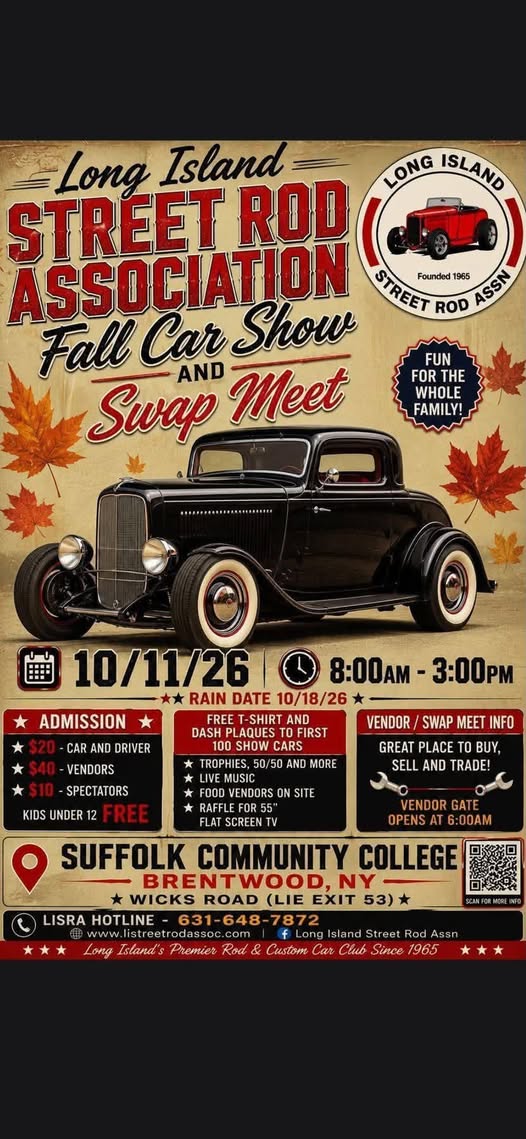 Flyer for Long Island Street Rod Association Fall Car Show and Swap Meet