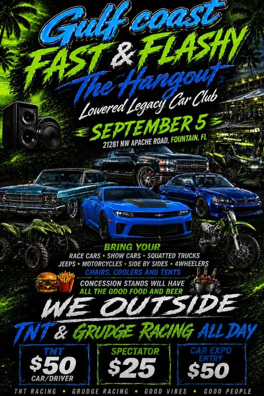 Gulf Coast Fast & Flashy - The Hangout Lowered Legacy Car Club flyer