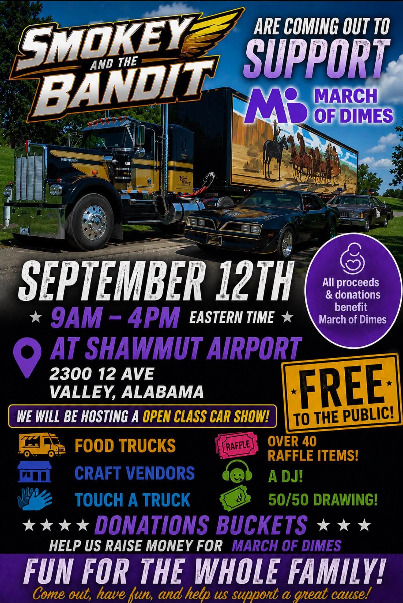 Smokey and the Bandit Car Show - March of Dimes Fundraiser flyer