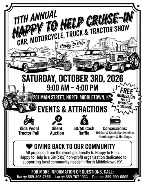 11th Annual Happy to Help Cruise-In Car, Motorcycle, Truck & Tractor Show flyer