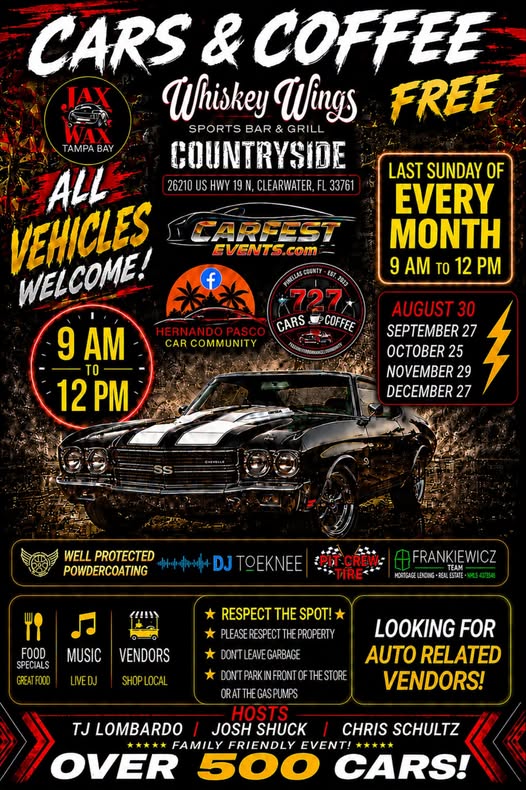 Cars & Coffee at Whiskey Wings flyer