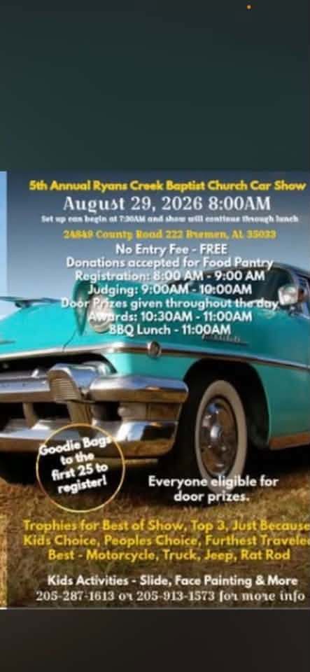 5th Annual Ryans Creek Baptist Church Car Show flyer