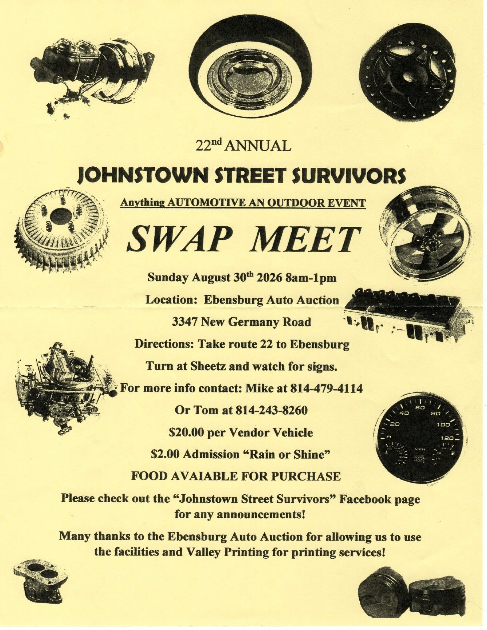 22nd Annual Johnstown Street Survivors Swap Meet flyer
