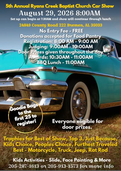5th Annual Ryans Creek Baptist Church Car Show flyer