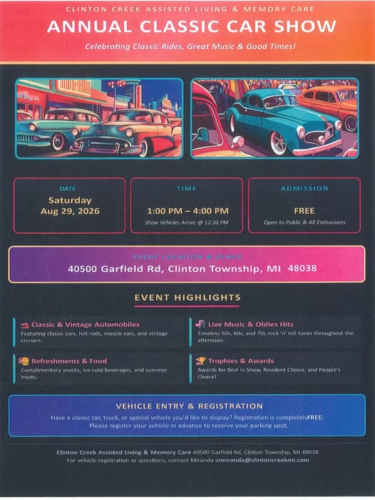 Clinton Creek Assisted Living & Memory Care Annual Classic Car Show flyer