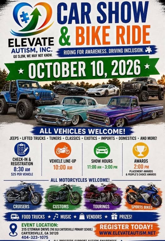 Flyer for ELEVATE Autism, Inc. Car Show & Bike Ride