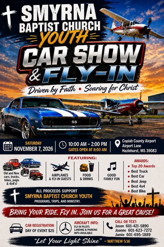 Flyer for Smyrna Baptist Church Youth Car Show & Fly-In