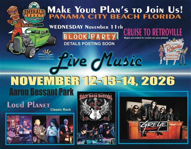 Flyer for Emerald Coast Cruizers Block Party & Cruise to Retroville