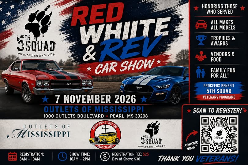 Flyer for Red White & Rev Car Show