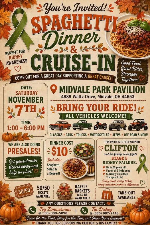 Flyer for Spaghetti Dinner & Cruise-In Benefit for Kidney Awareness
