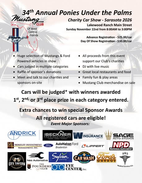 Flyer for 34th Annual Ponies Under the Palms Mustang Charity Car Show