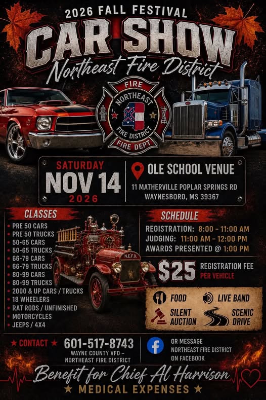 Flyer for 2026 Fall Festival Car Show — Northeast Fire District