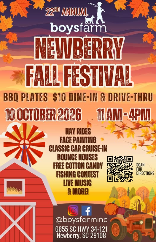 Flyer for 22nd Annual Boysfarm Newberry Fall Festival