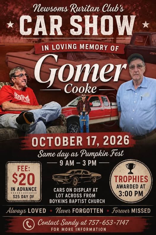 Flyer for Newsoms Ruritan Club's Car Show In Loving Memory of Gomer Cooke
