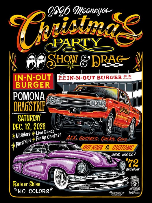Flyer for 2026 Mooneyes Christmas Party Show & Drag