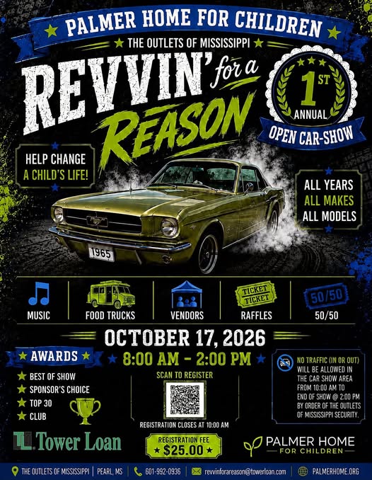 Flyer for Revvin' for a Reason - Palmer Home for Children Open Car Show