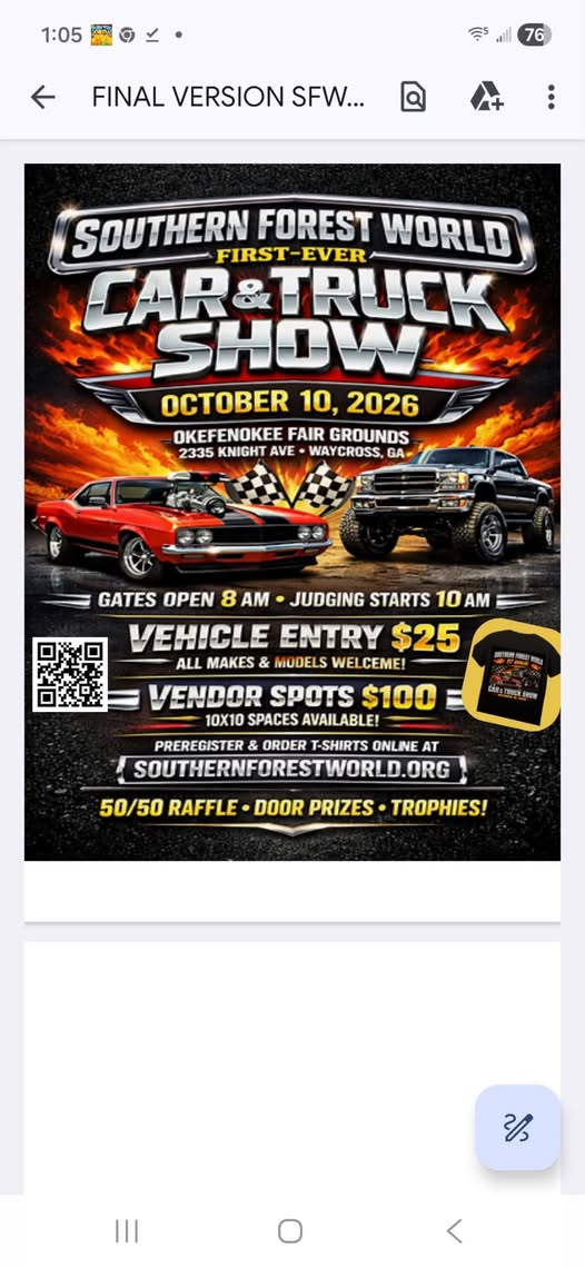 Flyer for Southern Forest World First-Ever Car & Truck Show