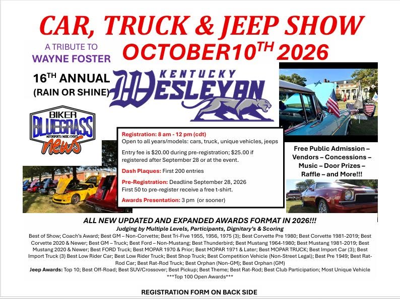 Flyer for Kentucky Wesleyan Car, Truck & Jeep Show - A Tribute to Wayne Foster