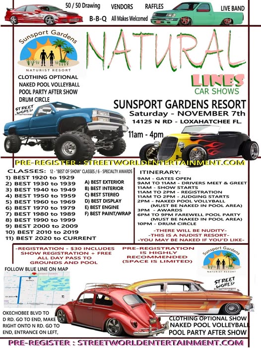 Flyer for Natural Lines Car Shows at Sunsport Gardens Resort