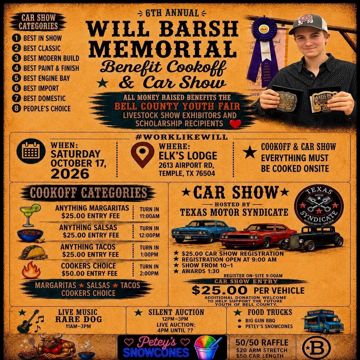Flyer for 6th Annual Will Barsh Memorial Benefit Cookoff & Car Show
