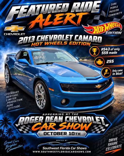 Flyer for Roger Dean Chevrolet Car Show - Featured Ride Alert: 2013 Chevrolet Camaro Hot Wheels Edition