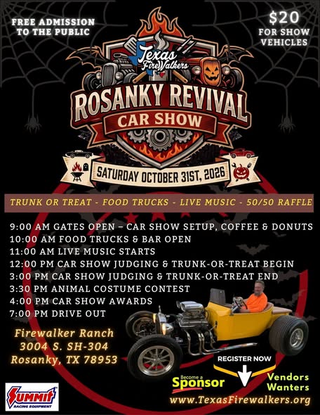 Flyer for Texas FireWalkers Rosanky Revival Car Show