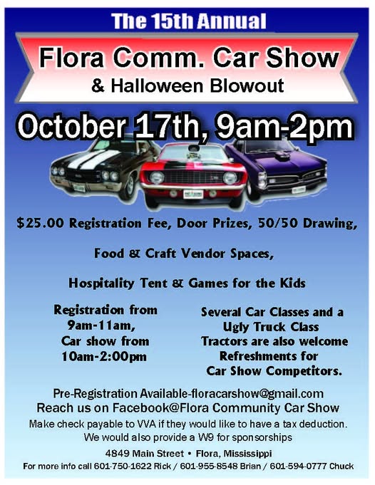 Flyer for The 15th Annual Flora Comm. Car Show & Halloween Blowout