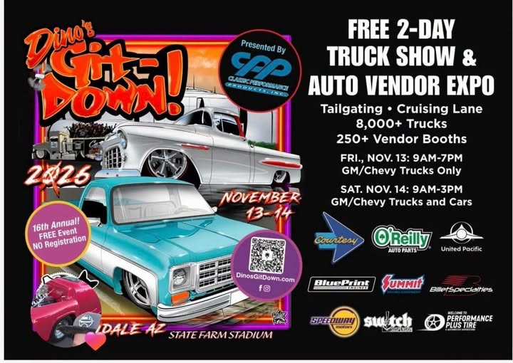 Dino's Night Down 2025 - 16th Annual FREE Truck Show & Auto Vendor Expo flyer