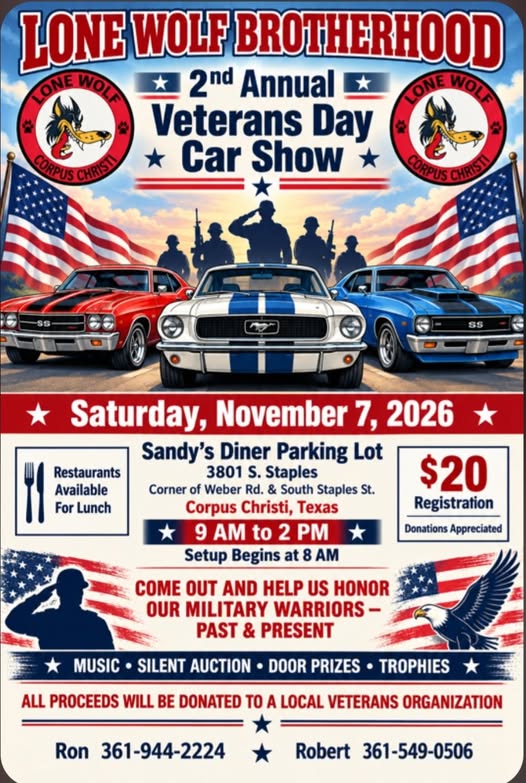 Flyer for Lone Wolf Brotherhood 2nd Annual Veterans Day Car Show