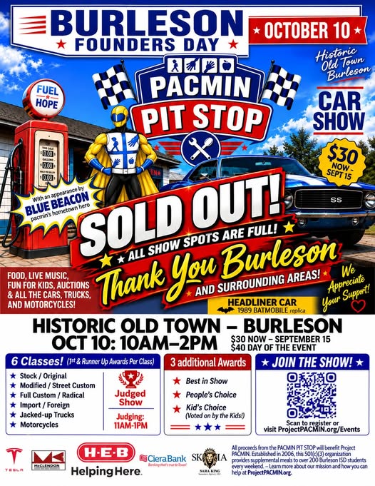 Flyer for Burleson Founders Day PACMIN Pit Stop Car Show