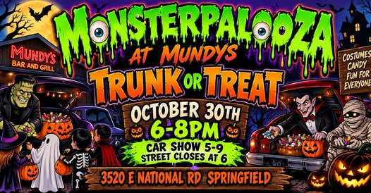 Flyer for Monsterpalooza at Mundys - Trunk or Treat
