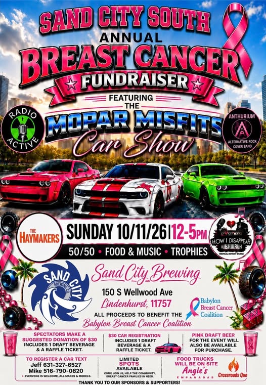 Flyer for Sand City South Annual Breast Cancer Fundraiser featuring the Mopar Misfits Car Show