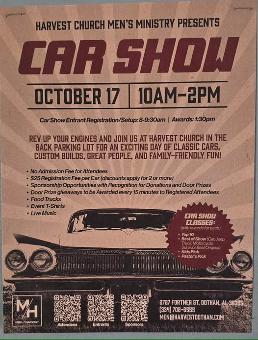 Flyer for Harvest Church Men's Ministry Car Show