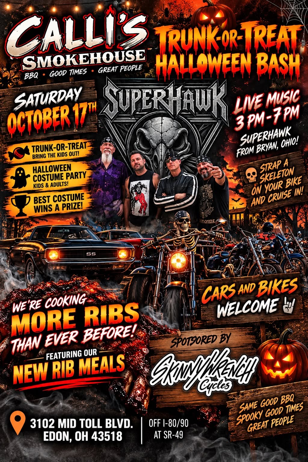 Flyer for Calli's Smokehouse Trunk-or-Treat Halloween Bash