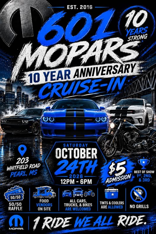 Flyer for 601 Mopars 10 Year Anniversary Cruise-In
