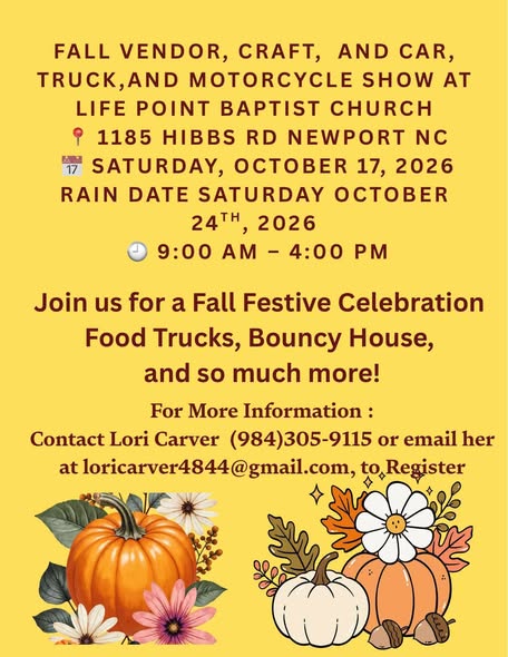 Flyer for Fall Vendor, Craft, and Car, Truck, and Motorcycle Show at Life Point Baptist Church