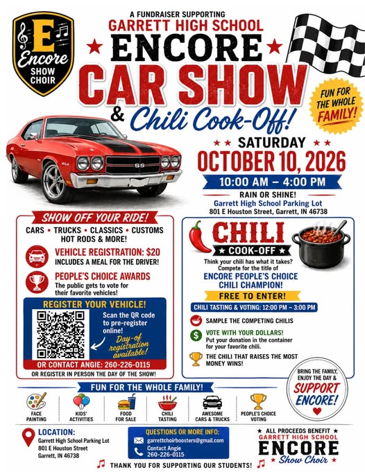 Flyer for Garrett High School Encore Car Show & Chili Cook-Off