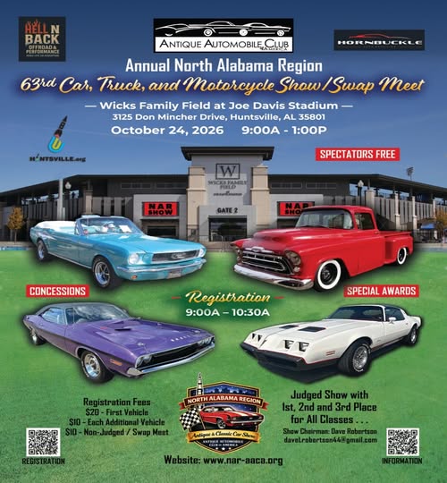 Flyer for 63rd Annual North Alabama Region Antique Automobile Club Car, Truck, and Motorcycle Show/Swap Meet