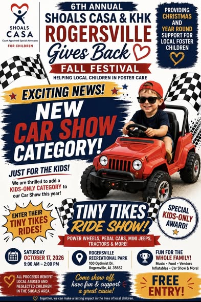 Flyer for 6th Annual Shoals CASA & KHK Rogersville Gives Back Car Show