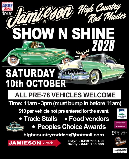 Flyer for Jamieson High Country Rod Muster Show N Shine 2026