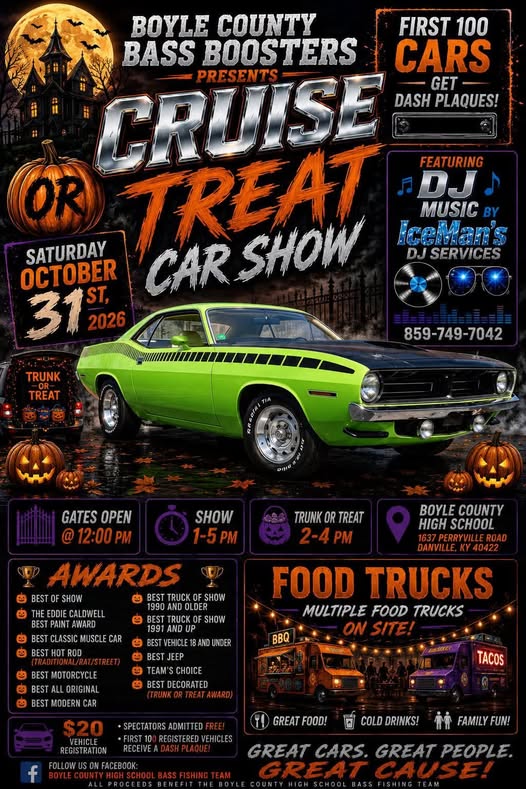 Flyer for Boyle County Bass Boosters Cruise or Treat Car Show