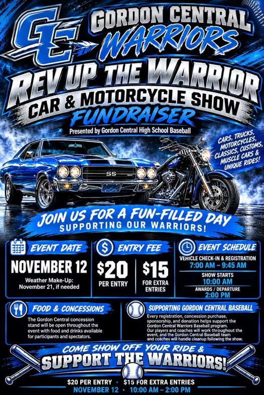 Flyer for Gordon Central Warriors Rev Up The Warrior Car & Motorcycle Show Fundraiser