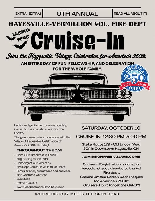 Flyer for 9th Annual Hayesville-Vermillion Vol. Fire Dept Cruise-In