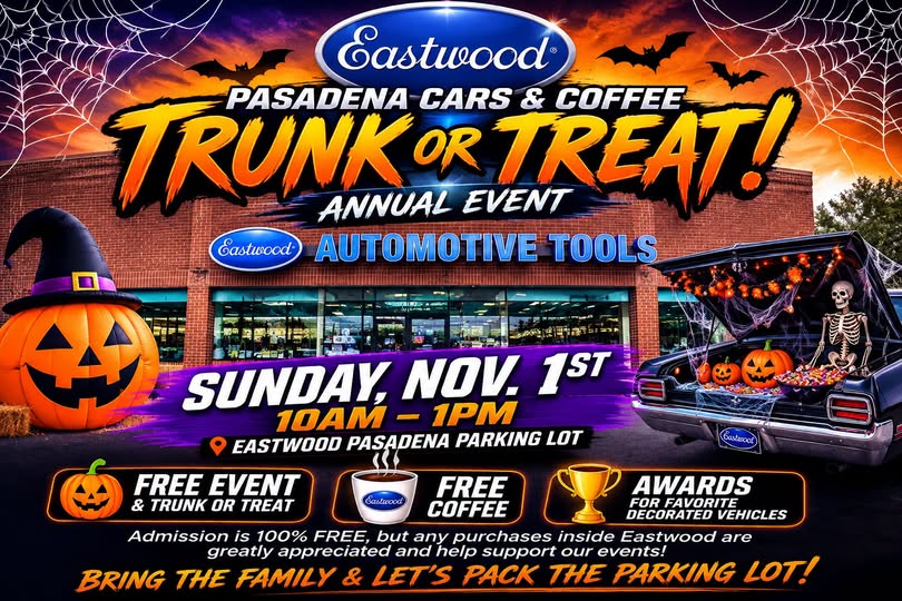 Flyer for Eastwood Pasadena Cars & Coffee Trunk or Treat Annual Event