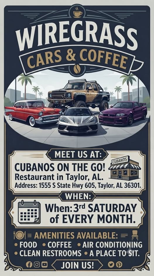 Flyer for Wiregrass Cars & Coffee