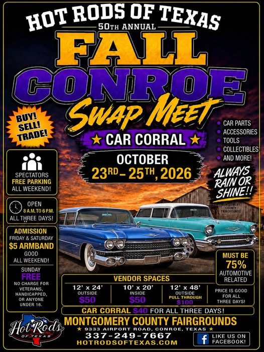 Flyer for Hot Rods of Texas 50th Annual Fall Conroe Swap Meet