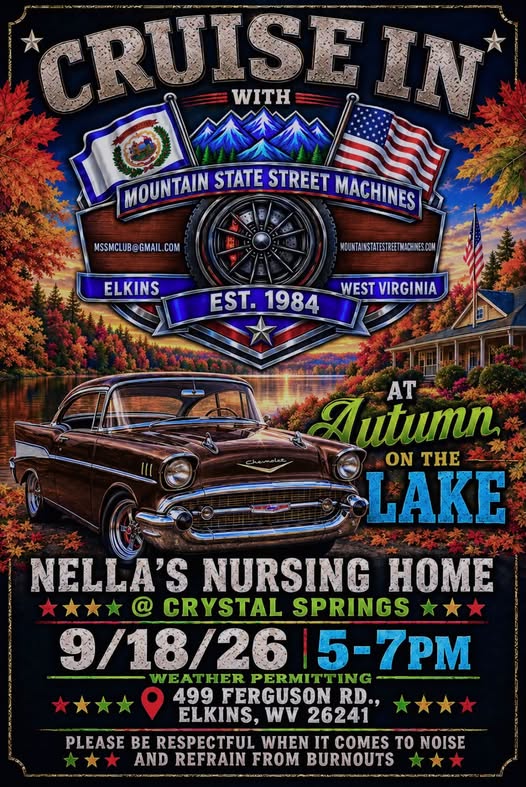Flyer for Cruise In with Mountain State Street Machines at Autumn on the Lake