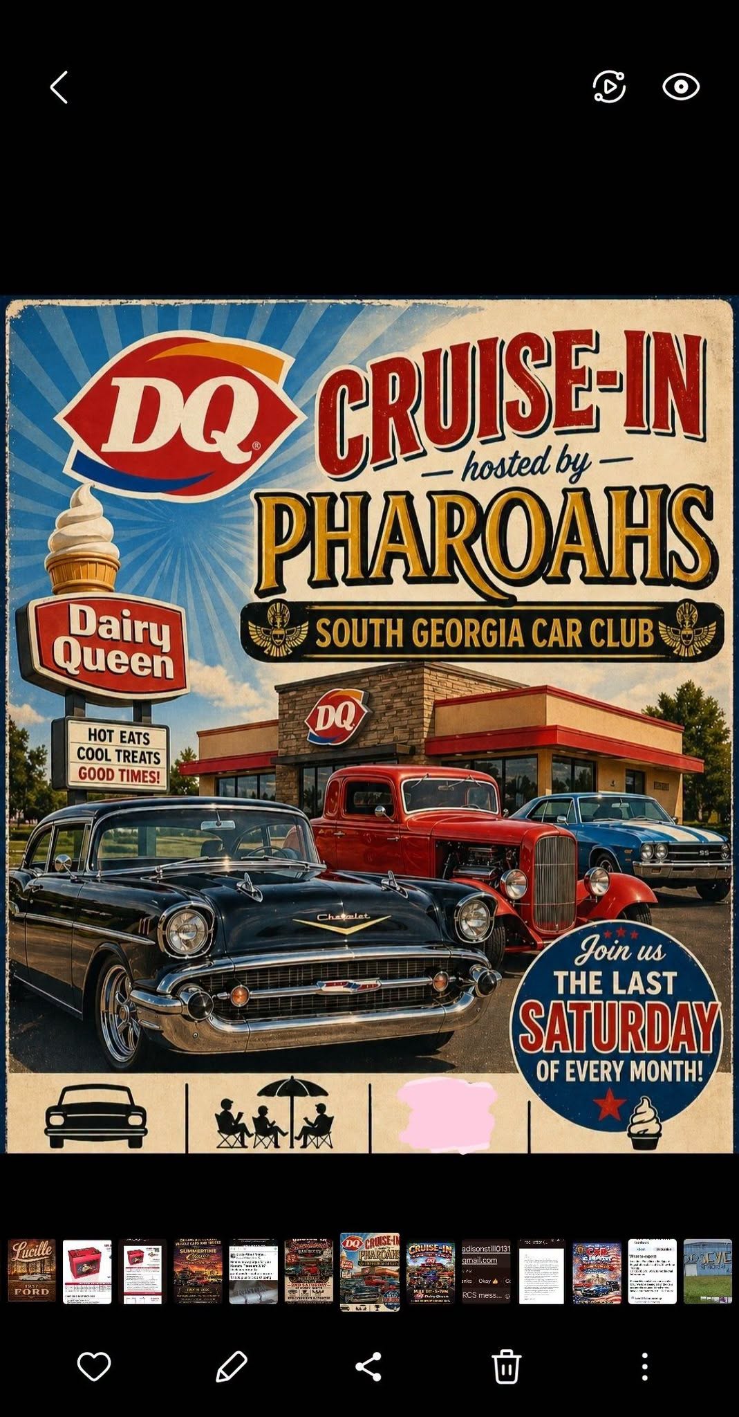 Flyer for DQ Cruise-In hosted by Pharoahs